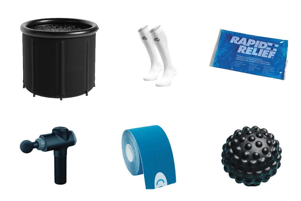 Liste de produits proposés par RecupLab (dans l'ordre) : bain de glace, chaussettes de récupération, compresse chaud/froid, pistolet de massage, rouleau de compresse, balle de massage